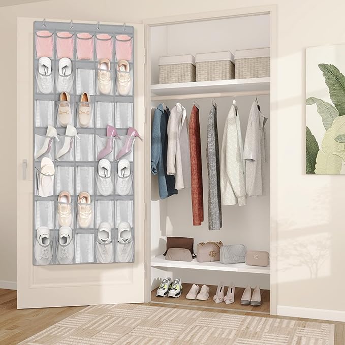 FENTEC 35 Large Pockets Over The Door Shoe Organizer, Mesh Hanging Shoe Organizer Shoe Rack for Closet Mesh Closet Shoe Holder, Over Door Organizer, Shoe Organizer for Wall, Grey, 1 Pack-NeatNest