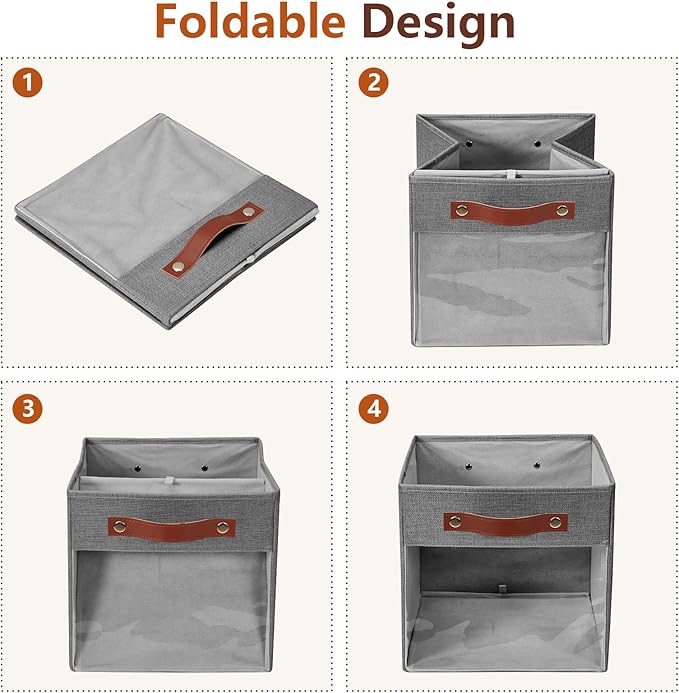 Storage Cube Organizer with Clear Window, Linen Collapsible Storage Boxes with PU Handles, Cube Storage Bins for Shelf, Closet, Cabinet, Bookcase (10.5x10.5x11, Gray)-NeatNest