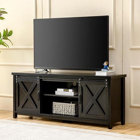 GAZHOME Farmhouse TV Stand with Sliding Barn Doors, Media Entertainment Center Console Table for TVs up to 65”,Rustic TV Stand for Living Room Bedroom(Black)-NeatNest