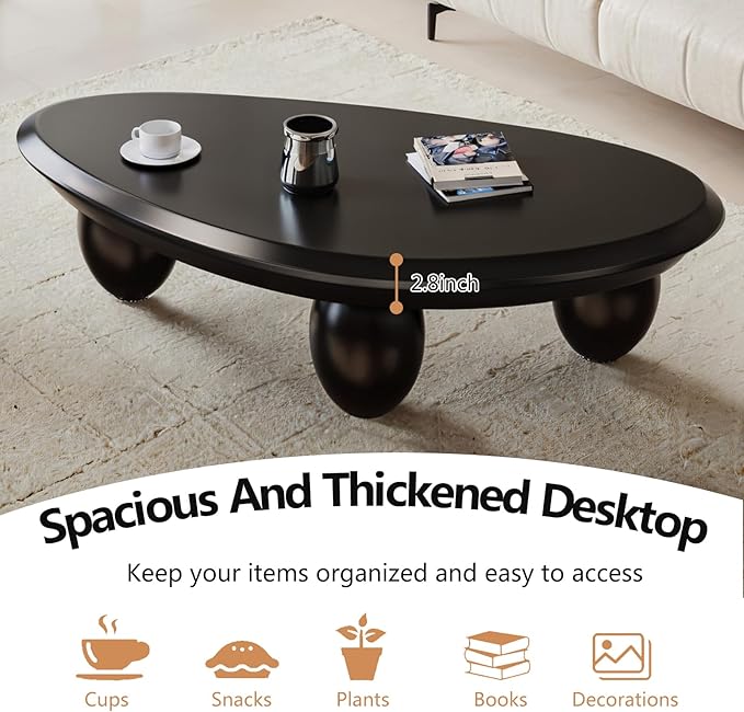 Irregular Coffee Table with 3 Oval Legs Cream White Live Edge Coffee Table Modern Cute Cloud Indoor Central Table Low Tea Table for Living Room Easy Assembly,Water Drop c Black 39.4"
