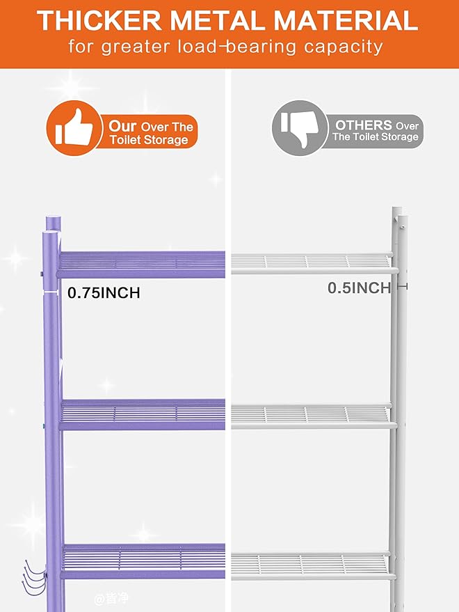 3-Tier Over The Toilet Storage, Space Saver Metal Bathroom Shelves, Freestanding Above Over Toilet Storage Shelf with 4 Hooks for Bathroom, Purple-NeatNest