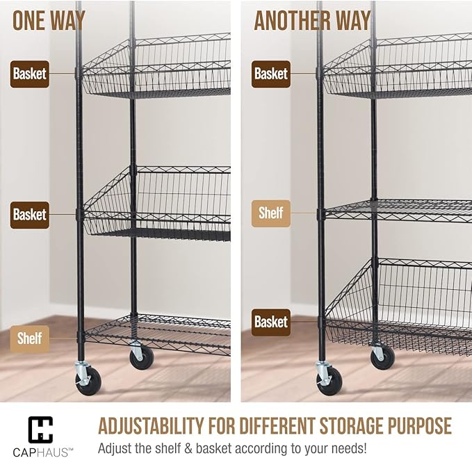 CAPHAUS NSF Commercial Heavy Duty 4 Tier Wire Shelving with Two Trapezoid Baskets, Wheels, Leveling Feet, Black Storage Shelf for Basement Garage and Utility Storage-NeatNest