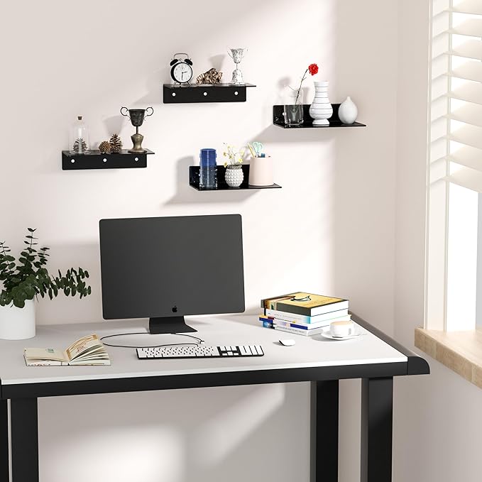 12 Inches Black Wall Shelves Set of 4, Acrylic Floating Shelf for Wall, Wall Mounted Display Shelf for Bedroom, Living Room, Funko Pop Shelves, Smart Speaker, 4 Pack-NeatNest