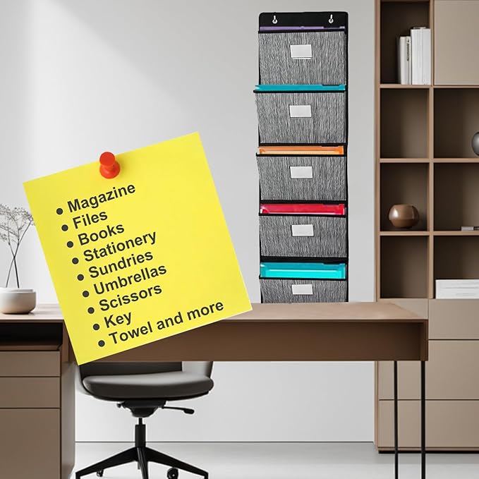 homyfort Over the Door File Organizer, Hanging File Folders Wall Organizer with 5 Large Pocket for Papers, Charts, Mails, Magazine, Office (Black)-NeatNest