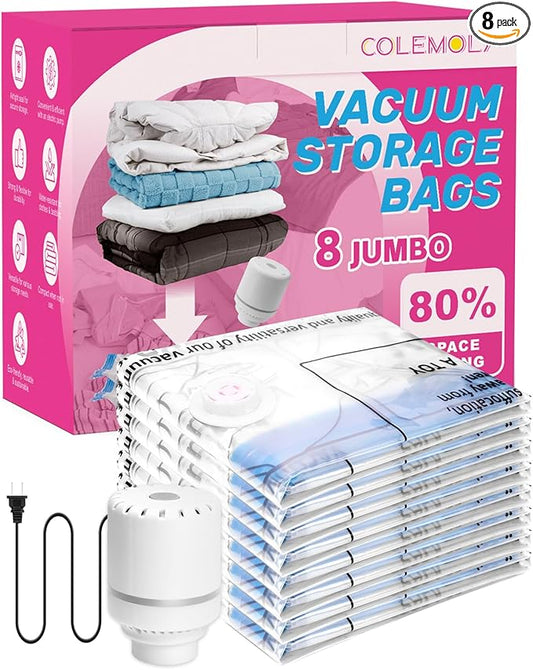Colemoly Vacuum Storage Bags with Electric Air Pump, 8 Jumbo Compression Bags, Space Saver Vacuum Seal Bags for Clothing, Blanket, Comforter, Travel, Moving-NeatNest