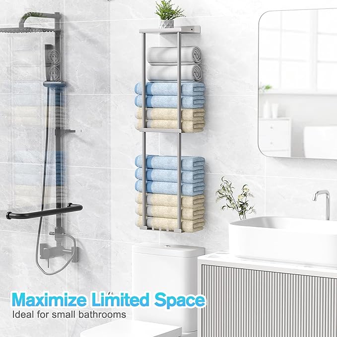 Towel Rack Storage for Bathroom, Wall Mounted Vertical Rolled Towel Organizer Holder with Shelf, Holds Up 6 Large Bath Sheets, Silver Grey
