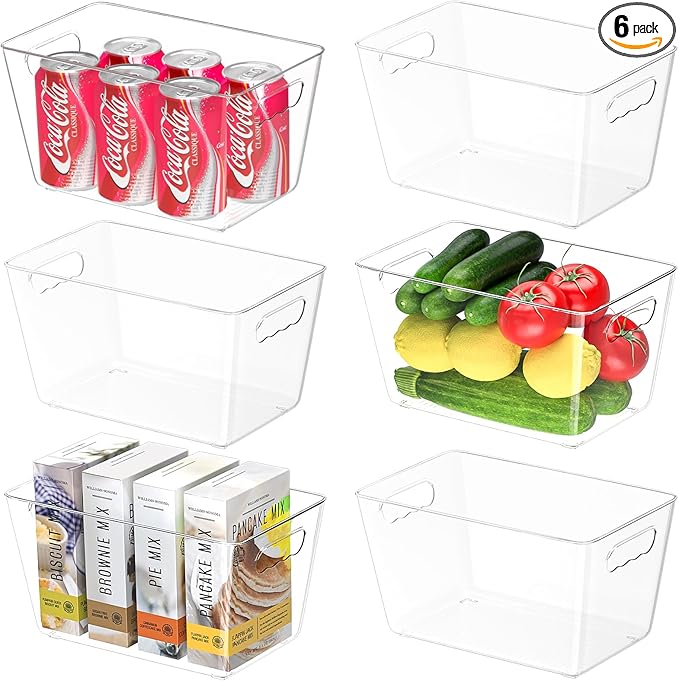 BALEINE Clear Plastic Storage Bins, Pantry Organization, BPA Free Stackable Refrigerator Organizers and Storage with Handles for Kitchen Fridge Cabinet Bathroom (6PK, 10.5x6x5)