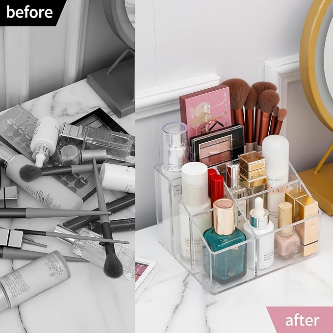 Yesesion Clear Makeup Organizer with 5 Compartments, Plastic Bathroom Counter Storage for Skincare, Toothbrush, Cosmetics Brushes, Palette, Lipsticks, Hair Accessories Holder for Vanity Dresser-NeatNest