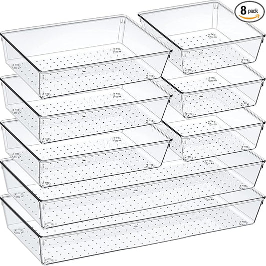 Criusia Drawer Organizer Set, Acrylic Non Slip Non Cracking Kitchen Drawer Storage Tray Large Size Divider, Multifunctional Storage for Cosmetics, Bathroom, Tools, Kitchen and Office (8 PACK)-NeatNest