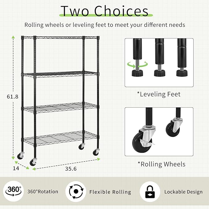 4 Tier Wire Shelving Unit 62" H x 36L x 14D Heavy Duty Metal Shelf 1400Lb Capacity Storage Shelves w/Wheels Adjustable Kitchen Storage Racks Wire Shelves for Pantry Garage, Black