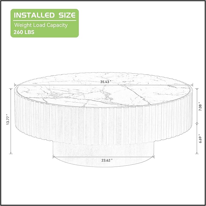 Coffee Table Stone Round 35.43'' for Living Room Modern Coffee Tables Wood Circle Drum Tea Fluted Solid Wooden Veneer Sintered Tabletop Handcraft Home Furniture for Apartment Easy Assembly Oak-NeatNest