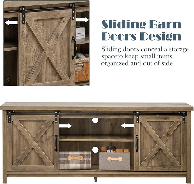 GAZHOME Farmhouse TV Stand with Sliding Barn Doors, Media Entertainment Center Console Table for TVs up to 65”,2-Tier Large Storage Cabinets,Rustic TV Stand for Living Room Bedroom,Light Grey-NeatNest