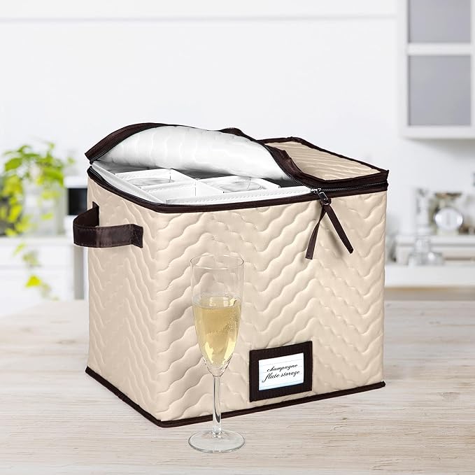 Champagne Flute Glass Storage Box with Dividers - Holds 12 Champagne Flute Glass up to 3" Wide - Stemware Storage Case - Protects Fine China - Durable Quilted Microfiber Bin with Carry Handles-NeatNest