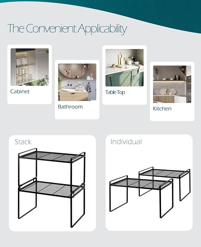 2Pack Kitchen Cabinet Shelf Counter Organizer Rack Pantry Storage Bathroom Bedroom Office Table Desk Space Saving Stackable Rust Resistant Non Slip Black Tall Wide L16.1in W10.6in H9.5in-NeatNest