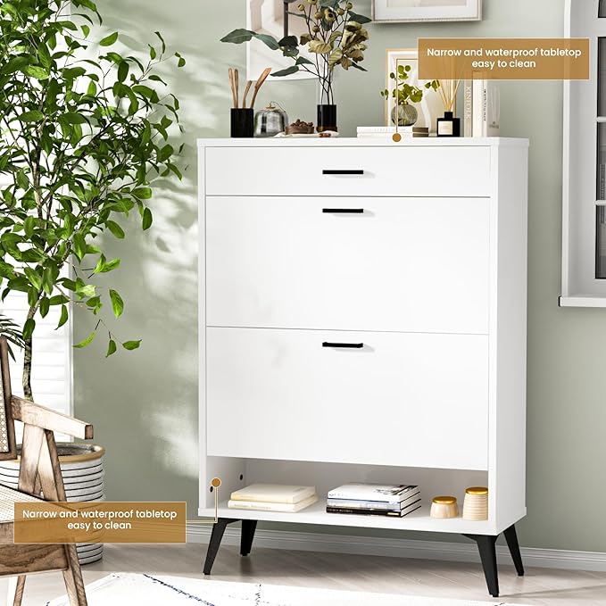AWQM Shoe Storage Cabinet for Entryway, Free Standing Shoe Organizer with 2 Flip Drawers,Hidden Shoe Rack Storage Organizer for Doorway Hallway (White)-NeatNest