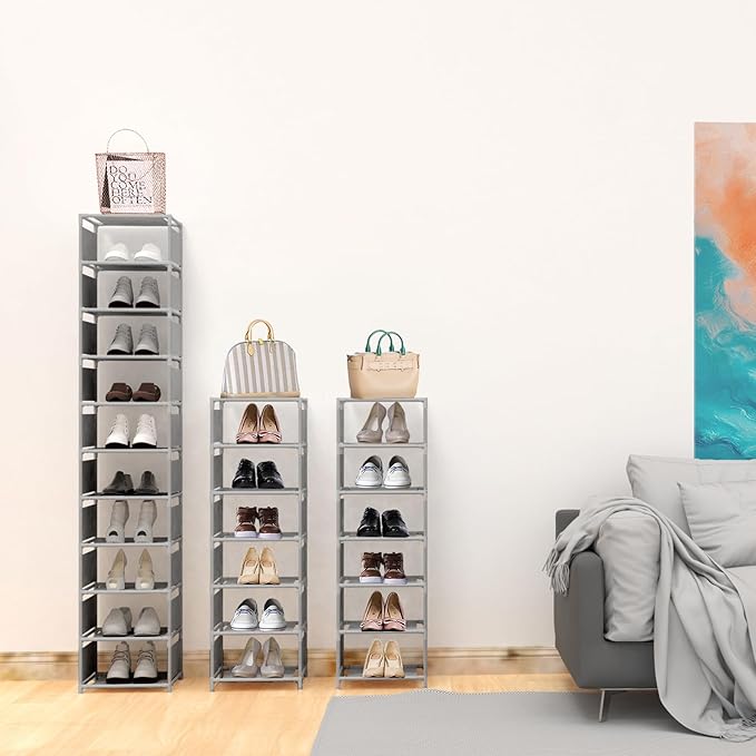 Vertical Shoe Rack, 10 Tier Grey Narrow Shoe Organizer for Closet Entryway, Tall Slim Shoe Tower for Small Spaces, Space Saving Corner Shoe Shelf-NeatNest
