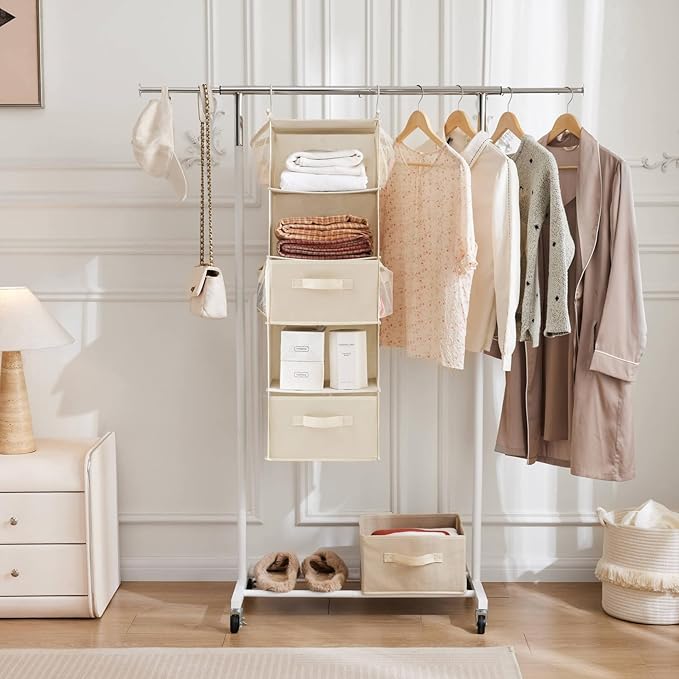 MAX Houser 5 Tier Shelf Hanging Closet Organizer, Cloth Hanging Shelf with 2 Sturdy Hooks for Storage, Foldable (Beige-D2)-NeatNest