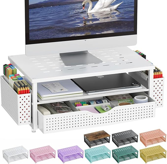 gianotter Desk Organizers and Accessories, Monitor Stand with Drawer and 2 Pen Holder, Desktop Organizer Suitable for Offices and Dormitories (White)-NeatNest