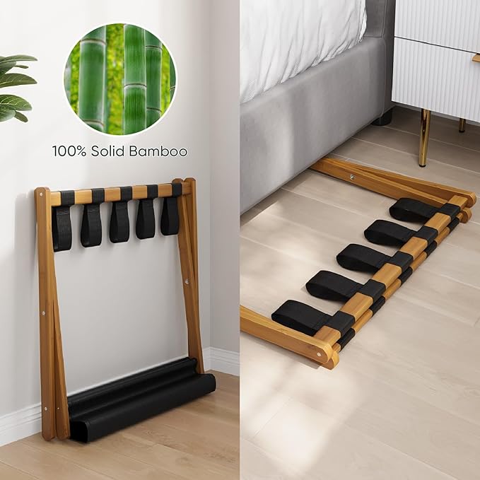 2 Pack Luggage Rack, Folding Luggage Rack for Guest Room, Walnut Bamboo Suitcase Stand Holds up to 131 lb, Luggage Stand with Storage Shelf for Hotel, Bedroom