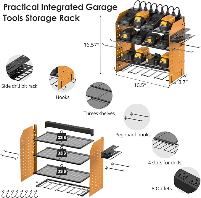 CCCEI Modular Pegboard Rack Power Tool Organizer with Charging Station. 4 Layer Wall Mount Drill Holder, Yellow Tool Battery Charger Organizer. Garage Shop Storage Utility Shelf with Power Strip.-NeatNest