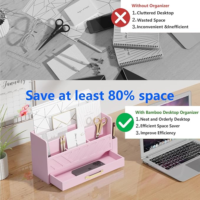 Bamboo Desk Organizer Mail Holder Countertop Wood Desk Drawer Tabletop Storage Box Pen Holder Letter Sorter Makeup Organizer for School Home Office Supplies with Pen Holder Pink-NeatNest