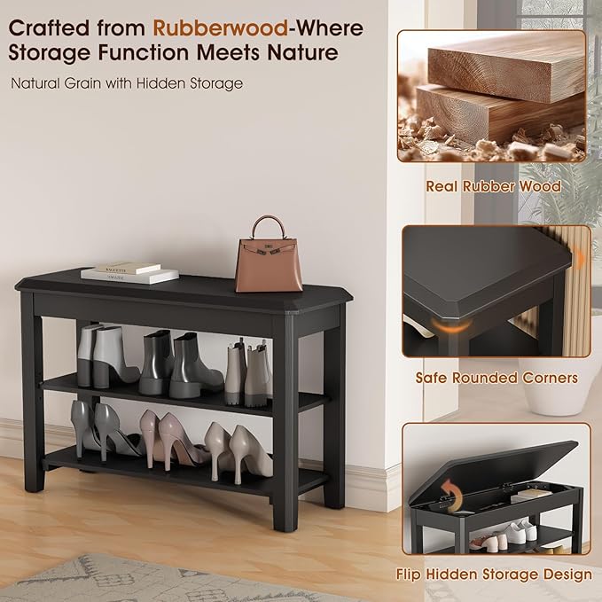 Shoe Rack Bench Seat Rubberwood 2-Tier Wooden Storage Bench 560lbs Compact Mid-Century Modern Design for Entryway, Hallway, Closet, Front Door Entrance, Foyer-NeatNest