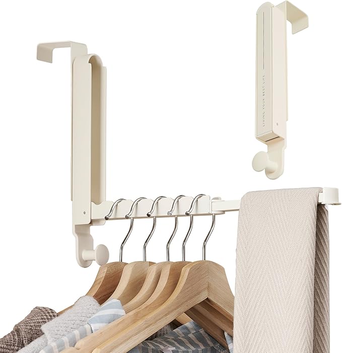 Over The Door Hooks Hanger Fit Door up to 1 3/4" Optimal 2pc,Over The Door Hanger with Retractable Rod,Foldable Over The Door Drying Rack for Laundry Bathroom Bedroom (Milky White, 2 Pack)