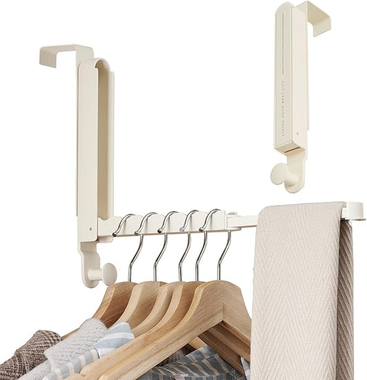 Over The Door Hooks Hanger Fit Door up to 1 3/4" Optimal 2pc,Over The Door Hanger with Retractable Rod,Foldable Over The Door Drying Rack for Laundry Bathroom Bedroom (Milky White, 2 Pack)