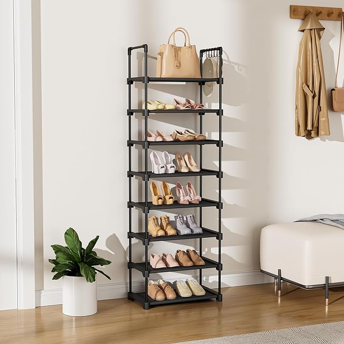 Tall Shoe Rack 8 Tiers, 16-20 Pairs Shoe and Boots Organizer Storage Sturdy Shoe Shelf, Narrow Vertical Shoe Rack for Entryway, Closet, Metal Shoe Organizer with 5 Hooks-NeatNest