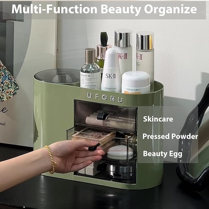 Makeup Organizer with Drawers for Vanity, 4 Slot Brush Holder with One Touch Open,Spacious Cosmetic Storage for Dresser Vanity and Bathroom Countertop, Beauty Holder for Lipstick Skincare(Green)-NeatNest