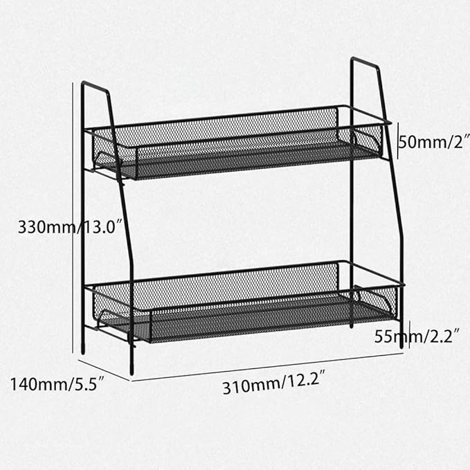 Metal 2 Tier Spice Storage Rack for Kitchen, Countertops, Cabinets, Organizer for Bathroom,Basket for Office and Home, Black