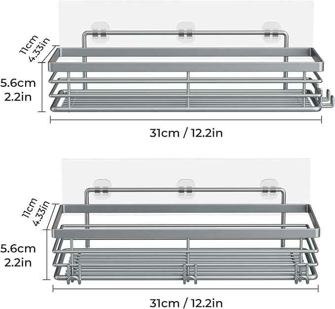 Orimade Shower Caddy with 5 Hooks for Hanging Razor and Sponge Adhesive Shower Shelf Basket Bathroom Storage Organizer Kitchen Rack No Drilling Stainless Steel Rustproof - 2 Pack, Light Blue Grey