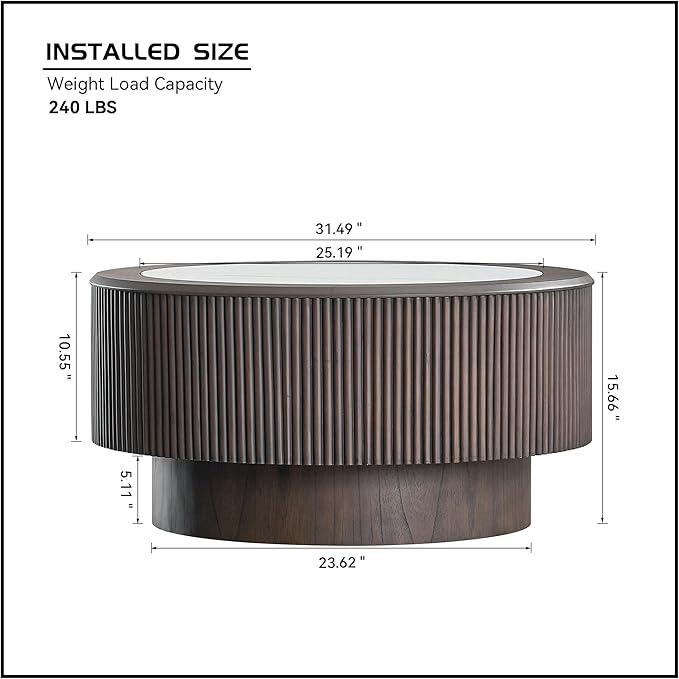 31.5'' Round Marble Coffee Table for Living Room Mid Century Modern Fluted Coffee Table Circle Center Tables with Pedestal for Apartment Dark Brown