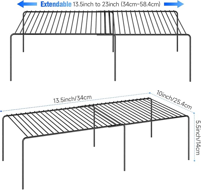 Expandable Storage Shelf, Pantry Organizers and Storage, Adjustable Rustproof Metal Wire Spice Rack, Space Saver Kitchen Storage Shelves for Pan, Pot, Countertop, Drawer, Fridge, Set of 4, Black-NeatNest