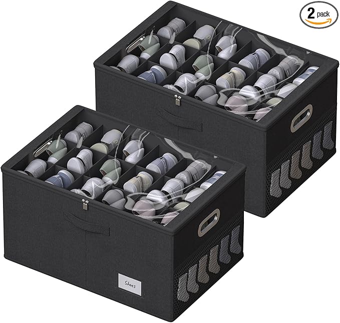 2 Pack Shoe Organizer for Closet Large Shoe Box Storage Containers with Clear Window Space Saving Shoe Bin with Foldable Bottom Support Adjustable Dividers Fits 32 Pairs (Black, (24.4*16.5*13inch)x2)-NeatNest
