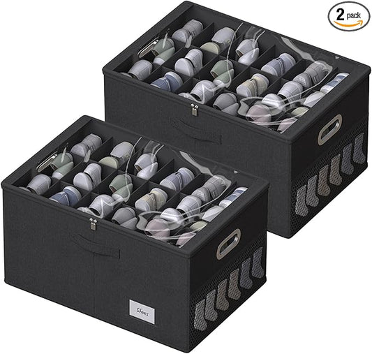 2 Pack Shoe Organizer for Closet Large Shoe Box Storage Containers with Clear Window Space Saving Shoe Bin with Foldable Bottom Support Adjustable Dividers Fits 32 Pairs (Black, (24.4*16.5*13inch)x2)-NeatNest