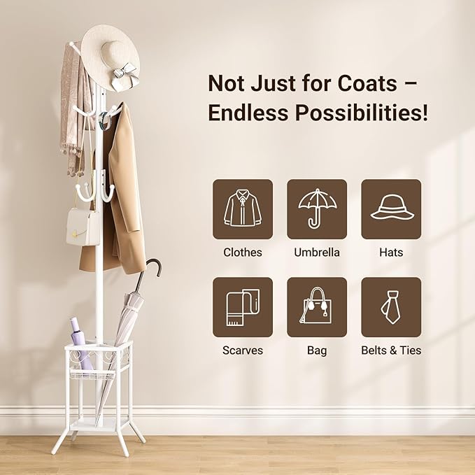 ELYKEN Coat Rack Freestanding with Umbrella Holder, Coat Tree with 12 Hooks, Coat Hanger Stand for Entryway, Metal Coat Rack Hat Rack Stand for Living Room Bedroom Office, White-NeatNest