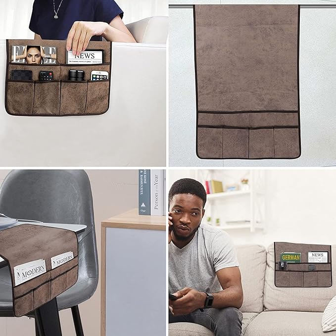 HAOMAIJIA Anti Slip Sofa Armrest Organizer Arm Chair Bedside Caddy Storage Organizer For Recliner Couch With 6 Pockets For Cell Phone Tv Remote Control Magazines (brown)-NeatNest