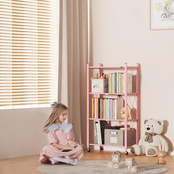 ALANNG 2-Pack Folding Bookshelf on Wheels, Cute Rolling Shelves for Bedroom, Colorful Storage Cart for Kids Rooms, Nursery, No Assembly Metal Book Shelf (4 Tier, Pink)
