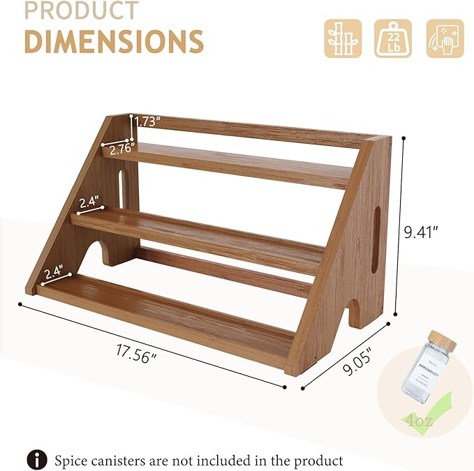 Bamboo Spice Rack Organizer -3-Tier Spice Rack for Countertop,Cabinet Spice Rack Organizer for 27 Spice Jars(4oz)，Step Shelf (Walnut)