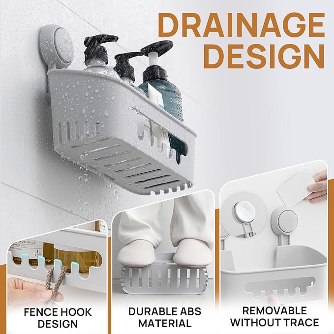 LEVERLOC Shower Caddy Suction Cup 2 Pack, Shower Organizer Removable Bathroom Shelf, Storage Suction Powerful Max Hold 22lbs Bathroom Caddy Waterproof Holder, Gray-NeatNest