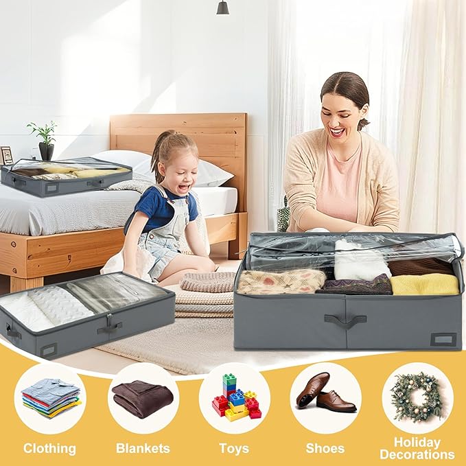 10-Inch Under Bed Organizer, Large Under Bed Storage Container, Underbed Storage Box for Seasonal Clothing, Sweaters, Shoes, Blankets, Wrapping Paper, Sheets & Toys, Yarn 33" L×17" W×10" H-NeatNest