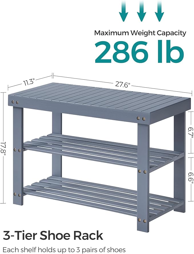 SONGMICS Shoe Rack Bench, 3-Tier Bamboo Shoe Storage Organizer, Entryway Bench, Holds Up to 286 lb, 11.3 x 27.6 x 17.8 Inches, for Entryway Bathroom Bedroom, Grey ULBS04GY-NeatNest