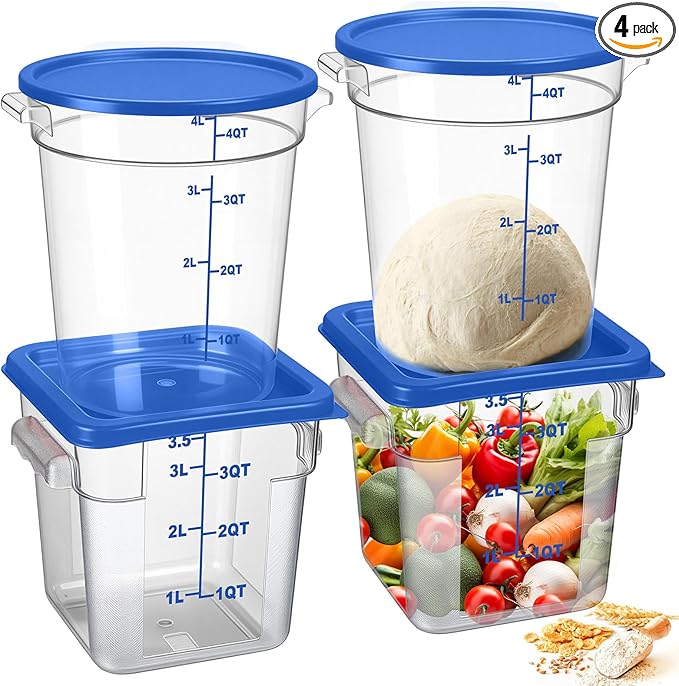 4 Pcs Food Storage Container with Lids Set 4 Qt Square and Round Clear PC Commercial Containers with Scale Handle for Home Restaurant Kitchen Food Storage, Dough Rise, Flour (Blue)