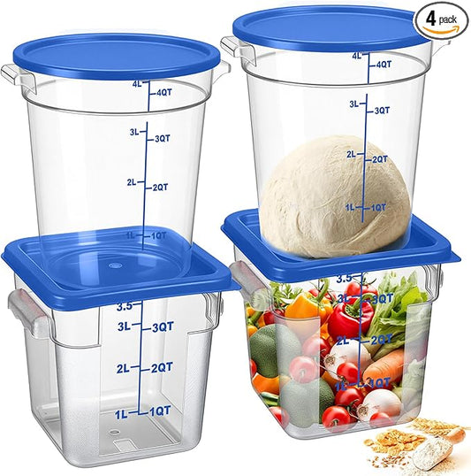 4 Pcs Food Storage Container with Lids Set 4 Qt Square and Round Clear PC Commercial Containers with Scale Handle for Home Restaurant Kitchen Food Storage, Dough Rise, Flour (Blue)
