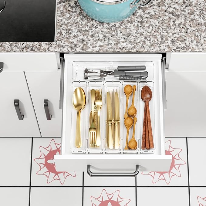 Clear Silverware Organizer for Kitchen Drawers,BPA Free Cutlery Drawer Organizer,6 Slots Plastic Utensils Organizer Suitable as In-Drawer Silverware Holder and Tray,Flatware,Knife,Fork,Spoon Organizer-NeatNest