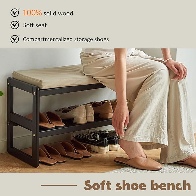 Entryway Shoe Bench, 2-Tier Solid Wood Shoe Bench Entryway for Entryway Bathroom Bedroom (Black, 31.5 INCH)