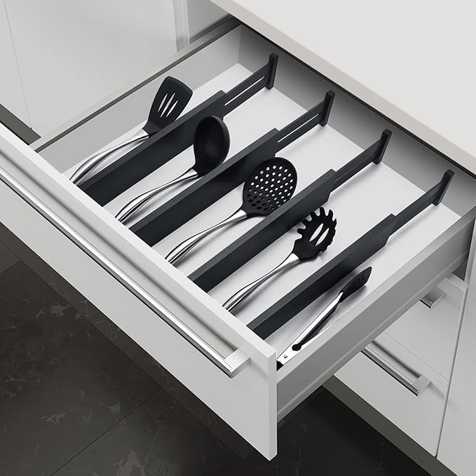 4 Pack Bamboo Drawer Dividers, Adjustable Length from 12 Inch to 17 Inch, Expandable Kitchen Drawer Organizer, Drawer Organization Separators for Clothes, Kitchen, Bedroom, Dresser, Office (Black)-NeatNest