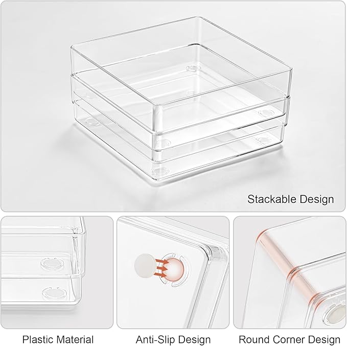 SMARTAKE 6 PCS Clear Plastic Drawer Organizers Set, Large Size Non-Slip Desk Drawer Organizer, 2-Size Versatile Bathroom and Vanity Drawer Organizer Trays for Makeup, Bedroom, Office, Kitchen Utensils-NeatNest