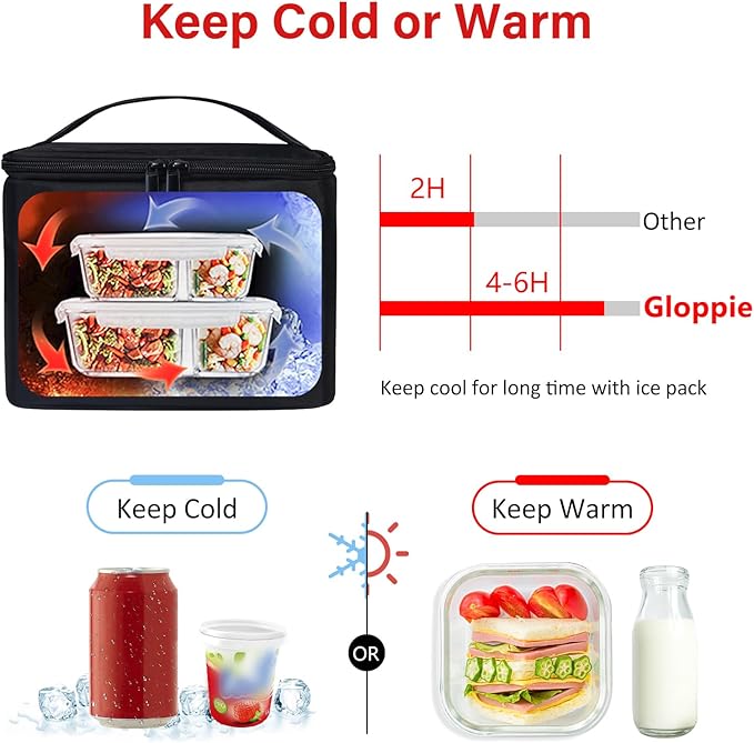Gloppie Insulated Lunch Bag Lunch Box for Men Women Lunchbox Cooler Bag for Work Picnic, Idea for Gift, Black-NeatNest